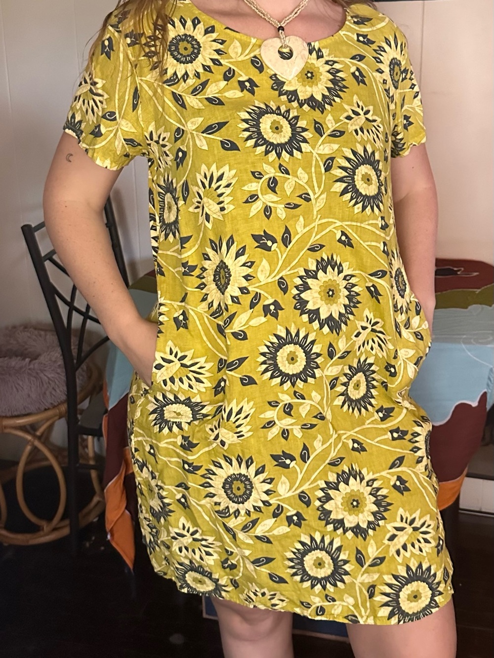 Nina Murati 100% Linen Women's Yellow Sunflower Print Mini Dress with Pockets